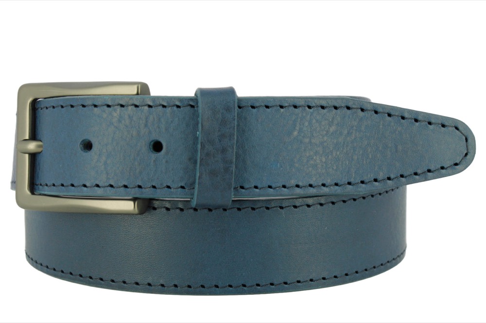 BRIMSTONE belt in navy Italian leather with a brushed centre-bar buckle