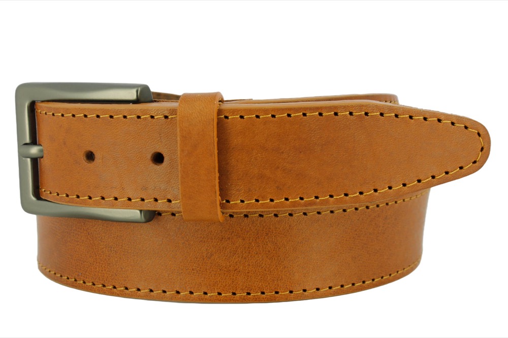 BRIMSTONE belt in tan Italian leather, photographed square on white